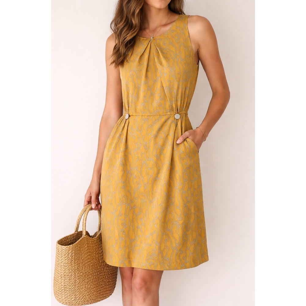 Girls From Savoy Anthropologie Silk Dress Mustard Yellow Printed Sleeveless Sz 6